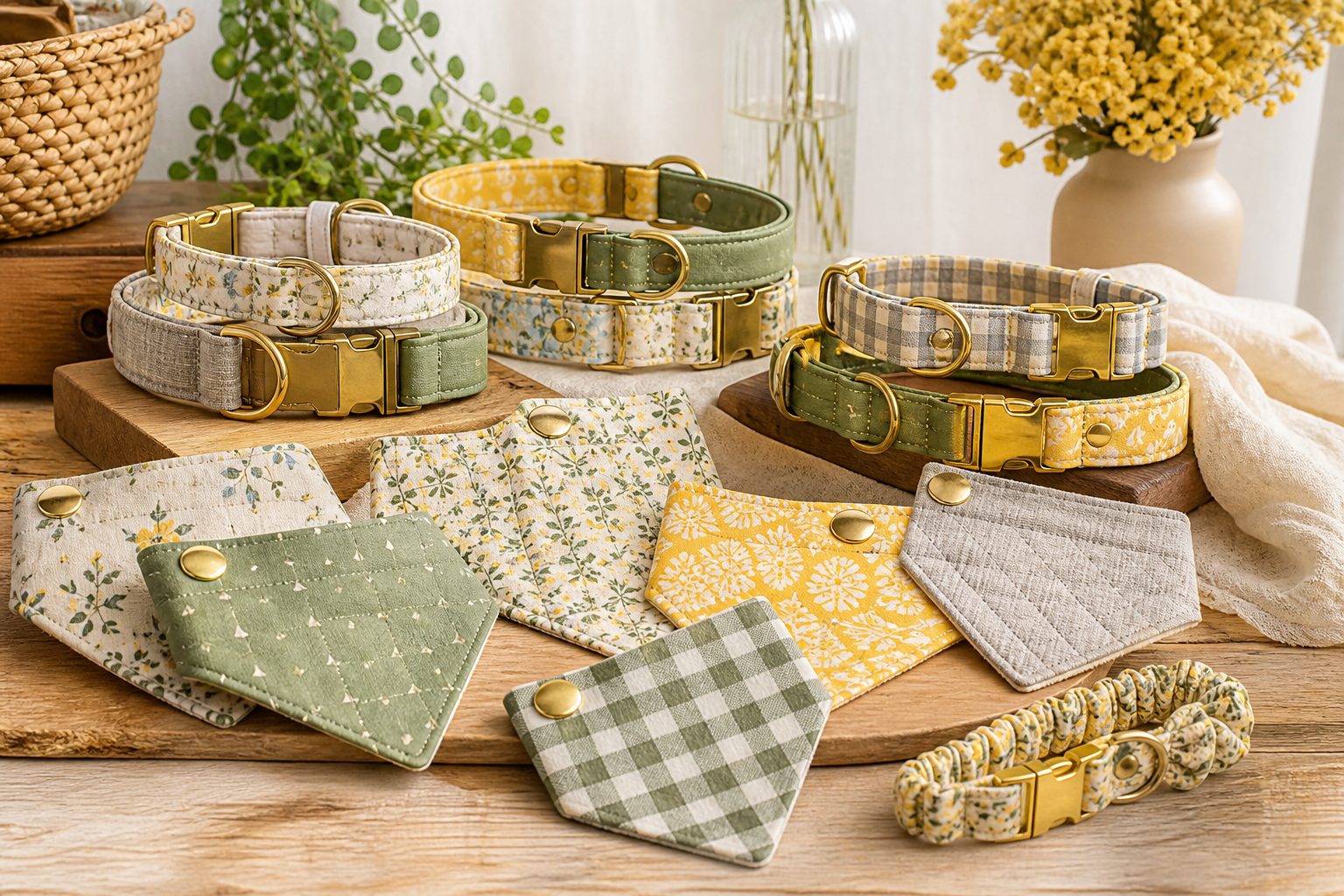 Handmade cat collars dog collars and matching pet bandanas on a boutique display table