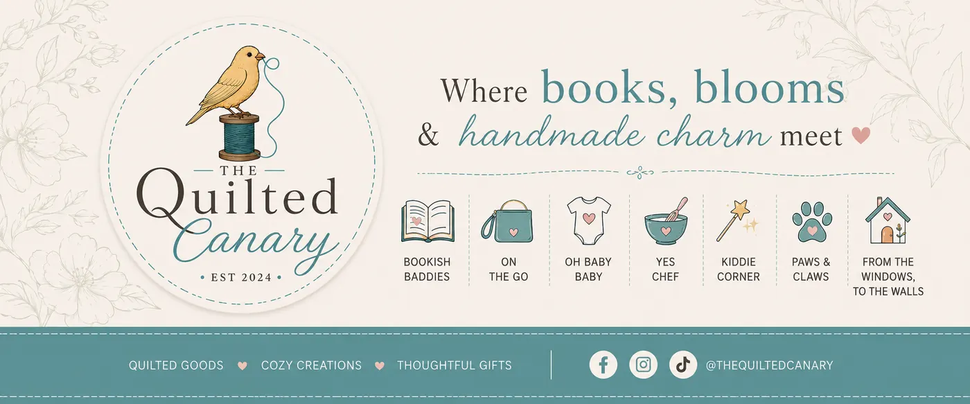 The Quilted Canary brand banner with category icons