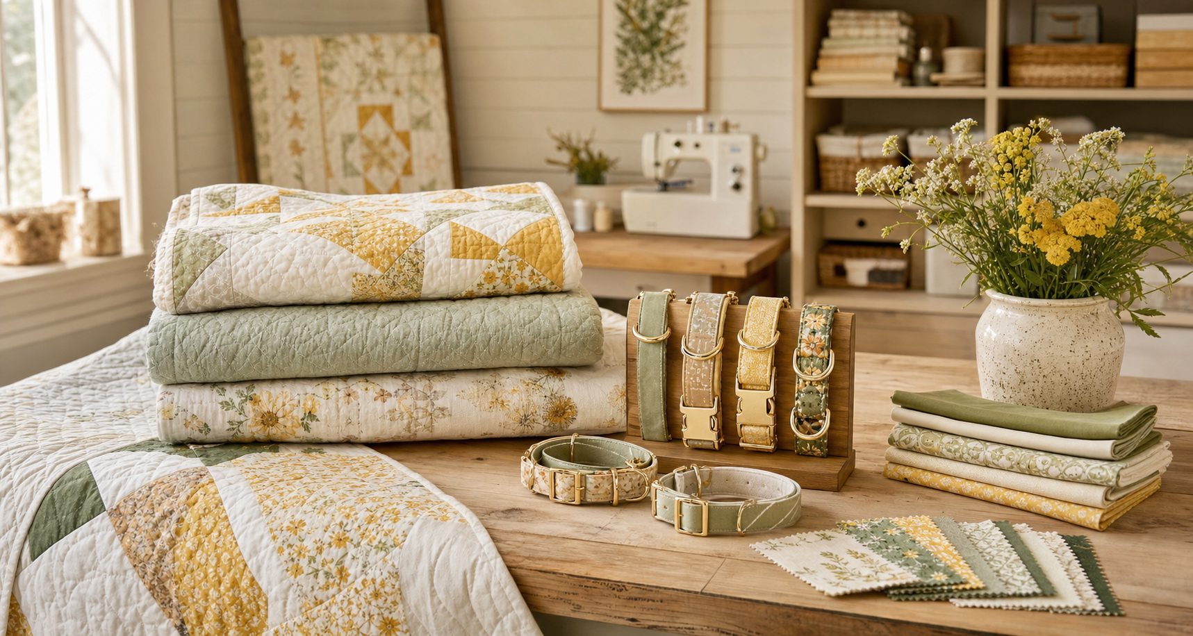 Handmade quilts and pet collars displayed in a warm boutique sewing studio